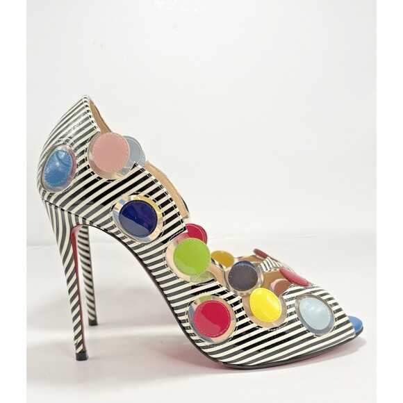 Christian Louboutin Lady Bug Heels Navy/White Stripes Bright Polka Dots Sz 35.5 - Picture 3 of 16